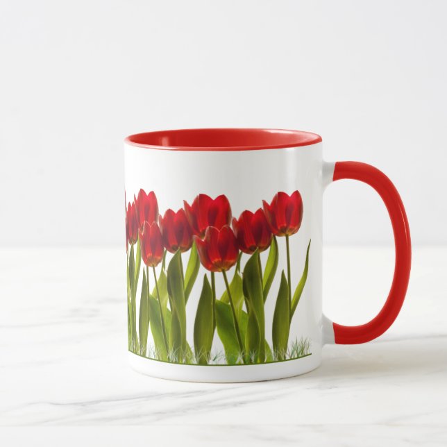 Row of Bright Red Spring Tulips Girly Mug (Right)