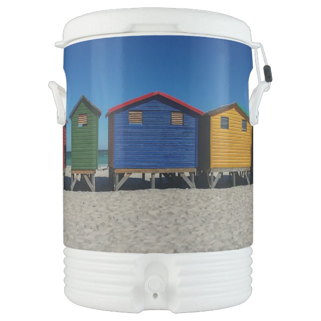 Row of Brightly Colored Beach Huts Beverage Cooler (Front)