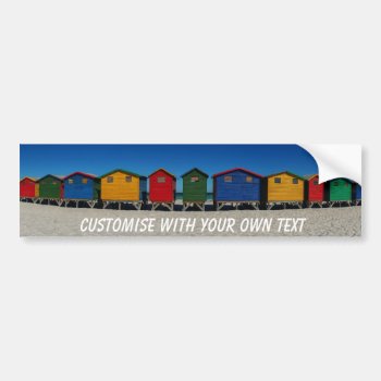Row Of Brightly Colored Beach Huts Custom Text Bumper Sticker by beachcafe at Zazzle