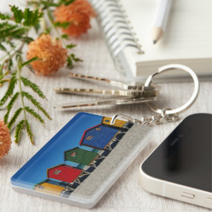 Row of Brightly Colored Beach Huts Keychain