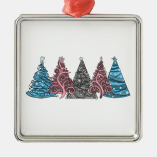 Row of Five Transgender Pride Flag Christmas Trees Metal Ornament