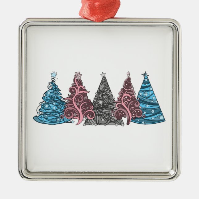 Row of Five Transgender Pride Flag Christmas Trees Metal Ornament (Front)