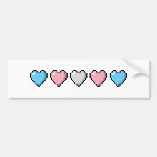 Row of Five Transgender Pride Flag Pixel Hearts Bumper Sticker