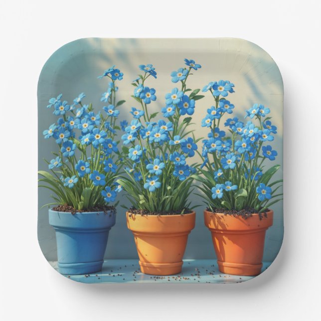 Row of Forget-Me-Not Flower Pots Paper Plates (Front)