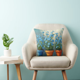 Row of Forget-Me-Not Plants In Flower Pots Throw Pillow