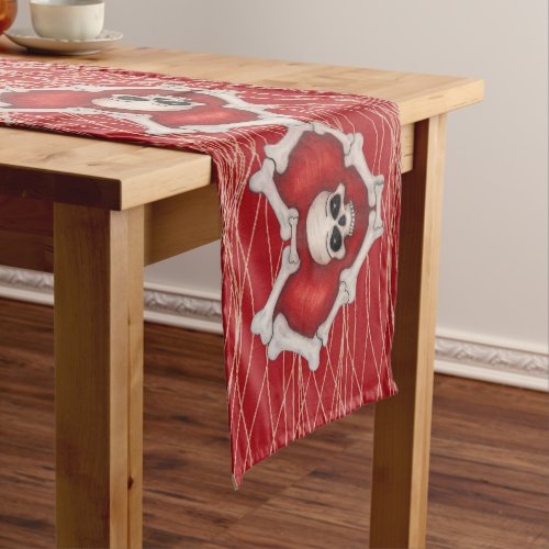 Row of Gothic Red Hearts With Bones Skulls Spirals Short Table Runner