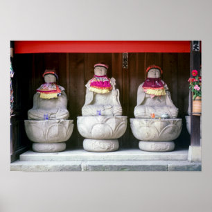 Row of Jizo monk statues with bib and hat - Japan Poster