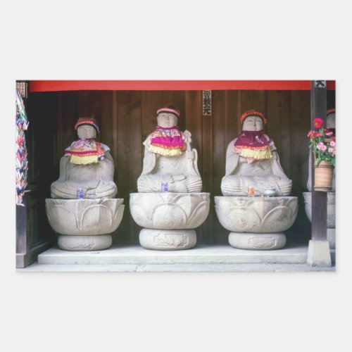 Row of Jizo monk statues with bib and hat _ Japan Rectangular Sticker