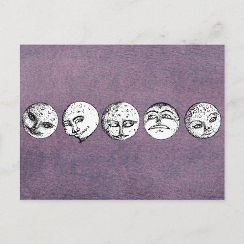 Row of Moon Faces on Purple Postcard