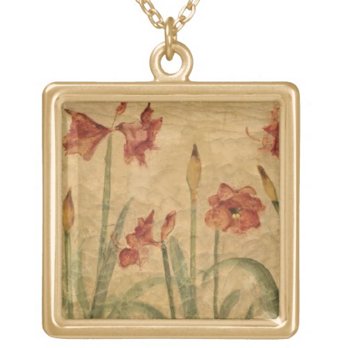 Row of Red Amaryllis Gold Plated Necklace
