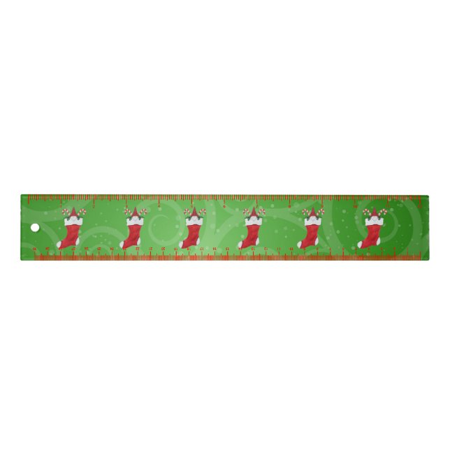Row of Red Christmas Stockings With Little Gnomes Ruler (Front)