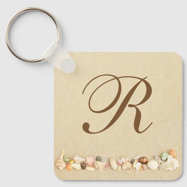 Row of Seashells on Beach Sand with Monogram Keychain (Front)