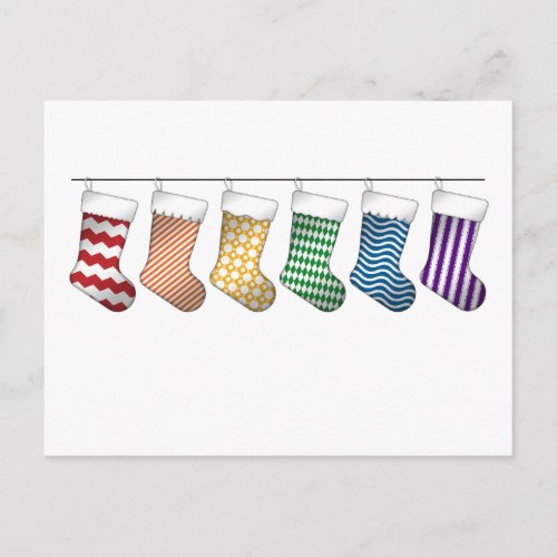 Row of Six LGBTQ Pride Rainbow Christmas Stockings Holiday Postcard