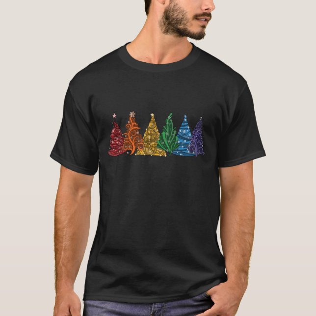 Row of Six LGBTQ Pride Rainbow Christmas Trees  T-Shirt (Front)