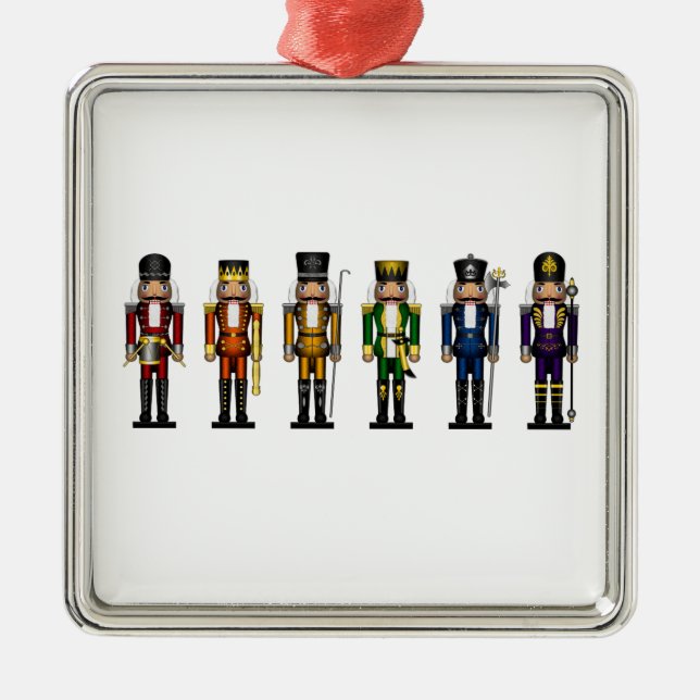 Row of Six LGBTQ Pride Rainbow Winter Nutcrackers Metal Ornament (Front)