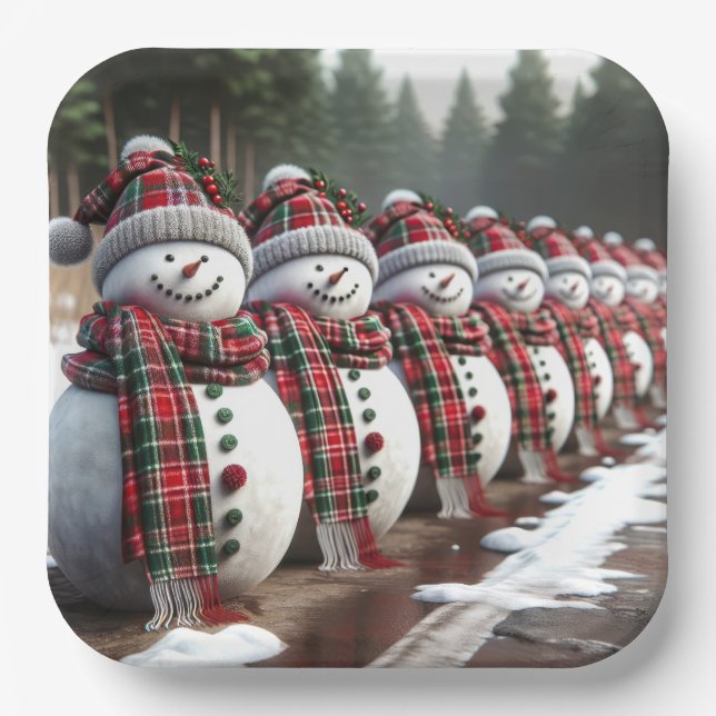 Row of Snowmen Wearing Tartan Plaid Scarves Paper Plates (Front)