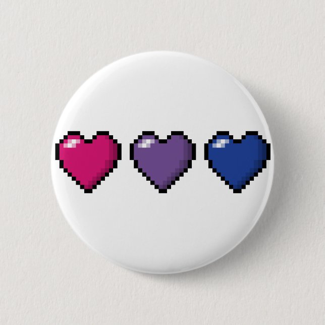 Row of Three Bisexual Pride Flag Pixel Hearts Button (Front)