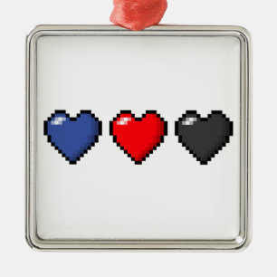 Row of Three Polyamory Pride Flag Pixel Hearts Metal Ornament