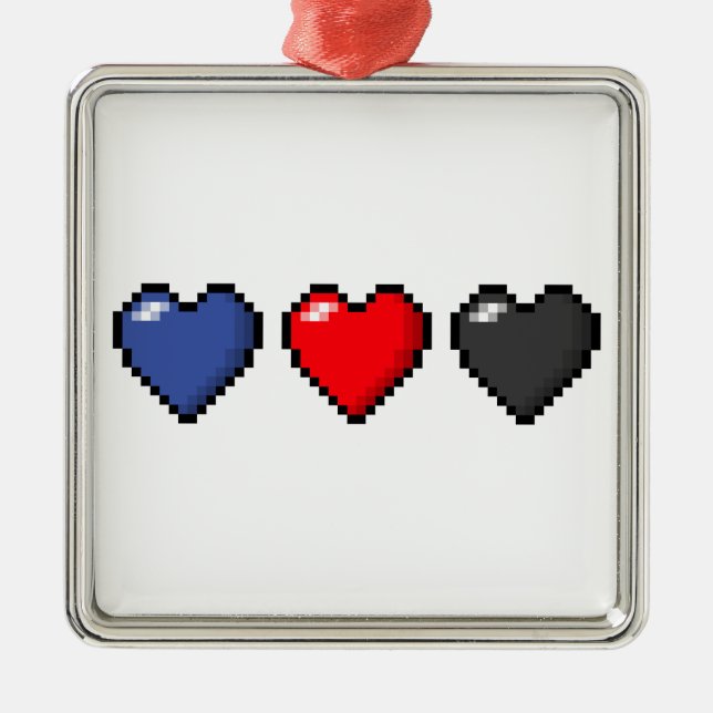 Row of Three Polyamory Pride Flag Pixel Hearts Metal Ornament (Front)