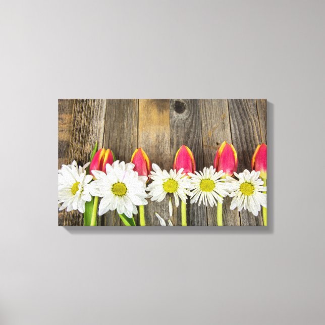 row of tulips and daisies on wood canvas print (Front)
