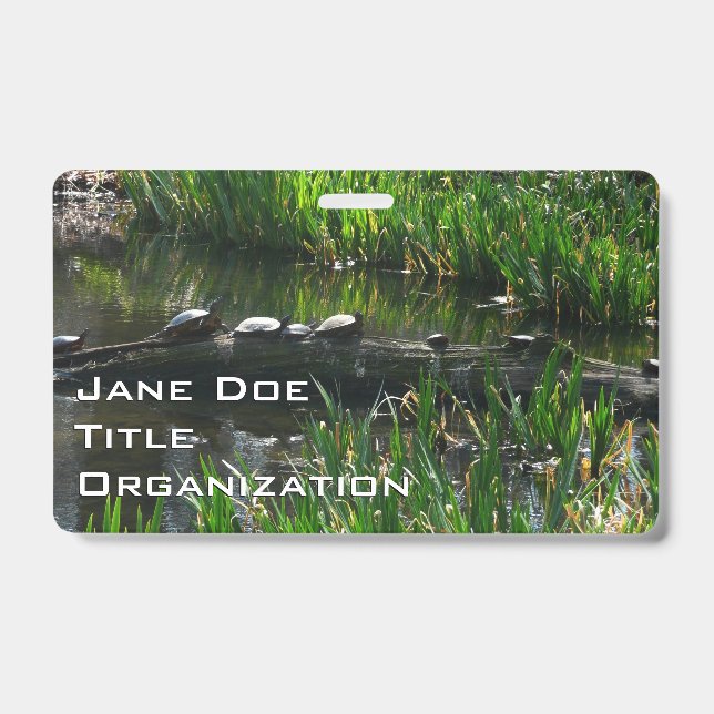 Row of Turtles Green Nature Photo Badge (Front)