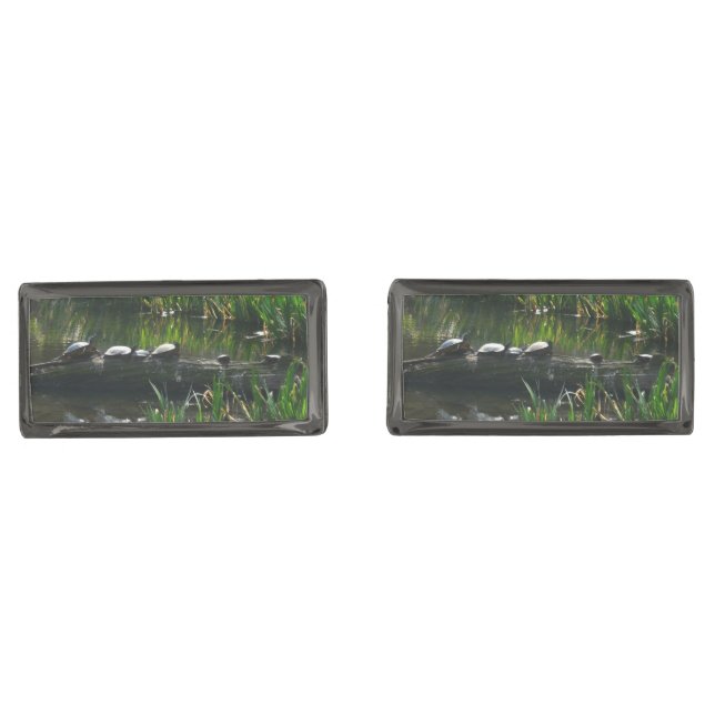 Row of Turtles Green Nature Photo Cufflinks (Front)