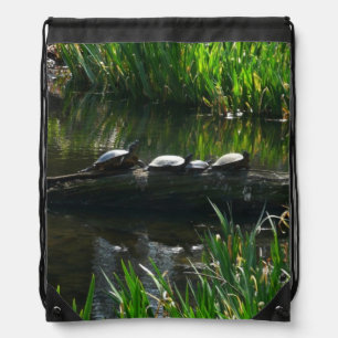 Row of Turtles Green Nature Photo Drawstring Bag