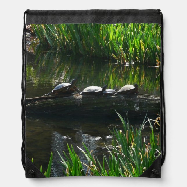 Row of Turtles Green Nature Photo Drawstring Bag (Front)