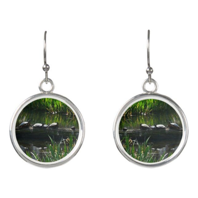 Row of Turtles Green Nature Photo Earrings (Front)