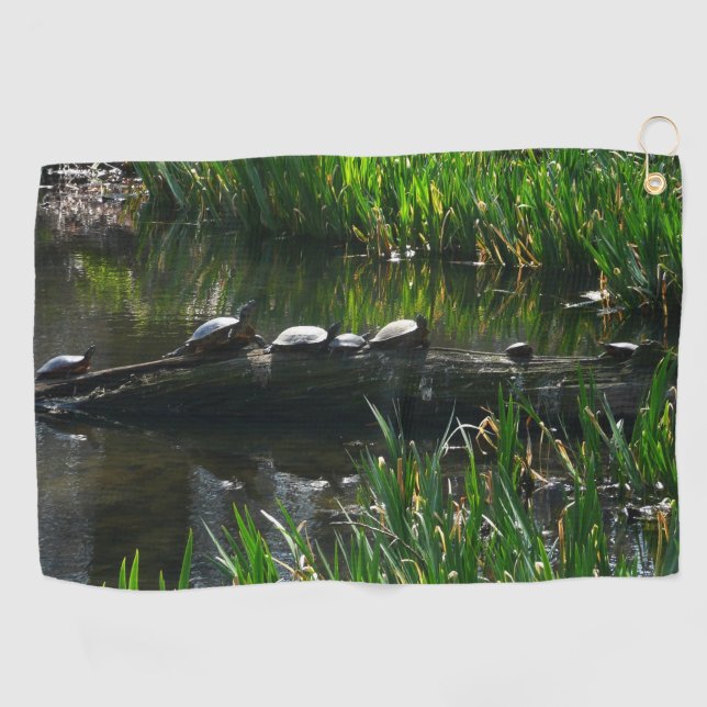 Row of Turtles Green Nature Photo Golf Towel (Horizontal)