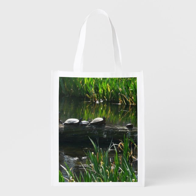 Row of Turtles Green Nature Photo Grocery Bag (Front)