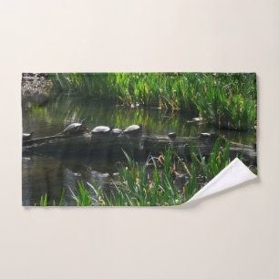 Row of Turtles Green Nature Photo Hand Towel