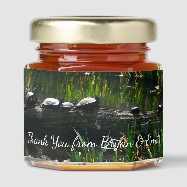 Row of Turtles Green Nature Photo Honey Jar Favors (Front)