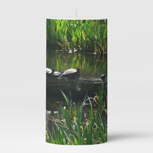 Row of Turtles Green Nature Photo Pillar Candle (Front)