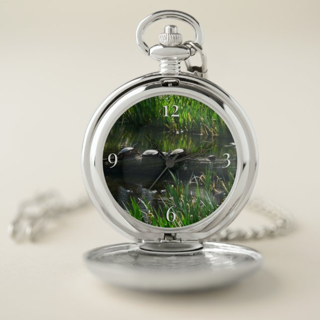 Row of Turtles Green Nature Photo Pocket Watch (Inside)