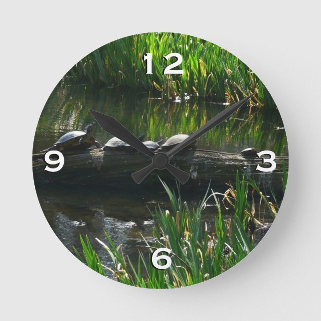 Row of Turtles Green Nature Photo Round Clock (Front)