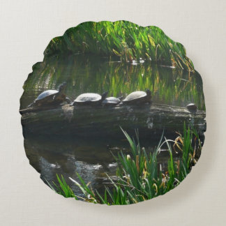 Row of Turtles Green Nature Photo Round Pillow