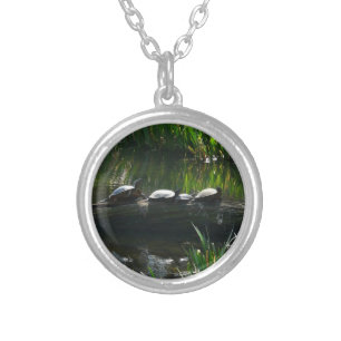 Row of Turtles Green Nature Photo Silver Plated Necklace