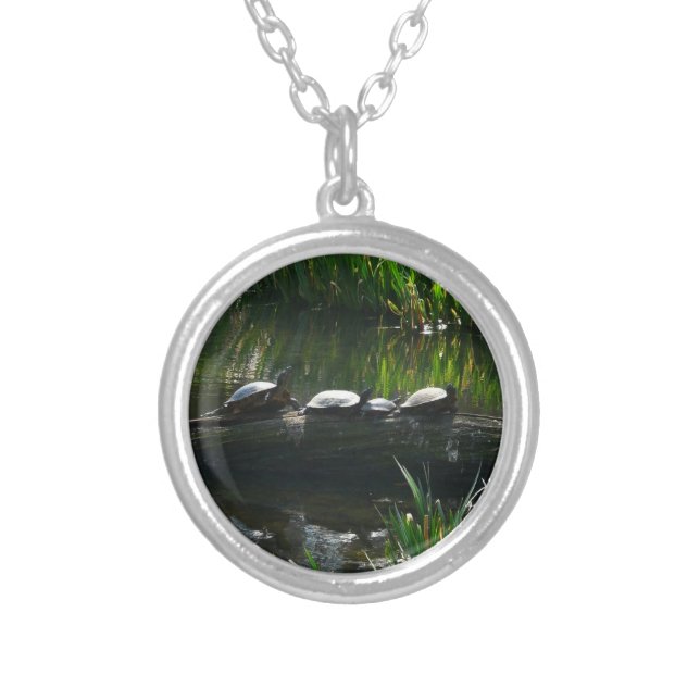 Row of Turtles Green Nature Photo Silver Plated Necklace (Front)