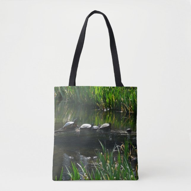 Row of Turtles Green Nature Photo Tote Bag (Front)