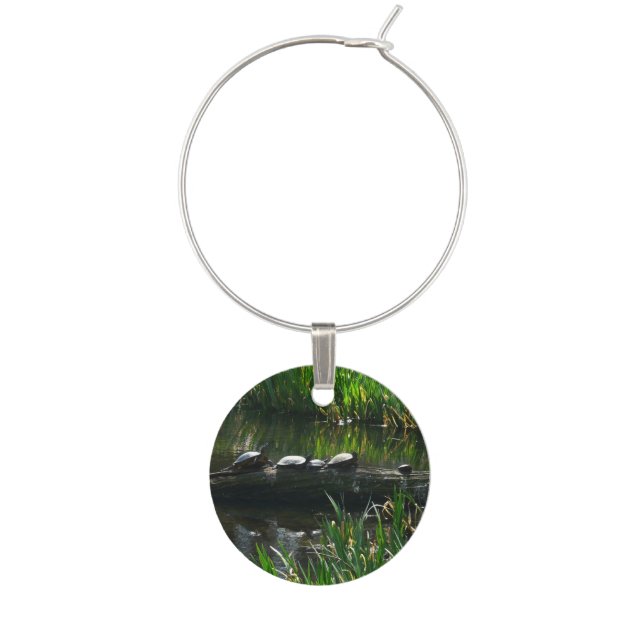 Row of Turtles Green Nature Photo Wine Charm (Front)