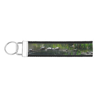 Row of Turtles Green Nature Photo Wrist Keychain