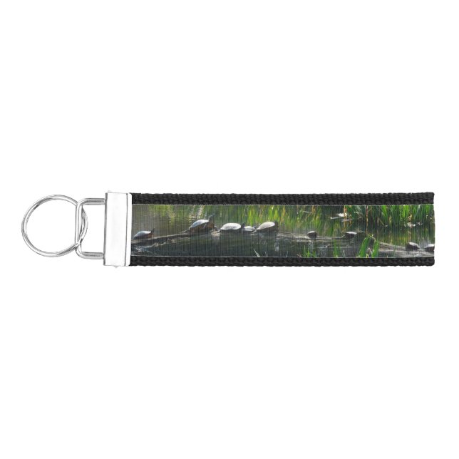 Row of Turtles Green Nature Photo Wrist Keychain (Keys on Left)
