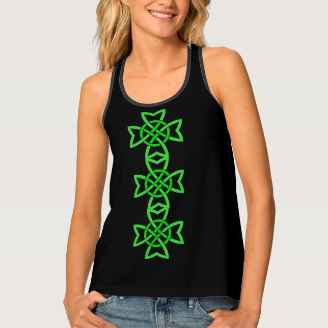 Row of Vibrant Green Looped Celtic Knots Black Tank Top (Front)