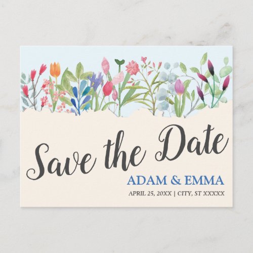 Row of Watercolor Wildflower Save the Date Wedding Postcard