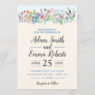 Row of Watercolor Wildflowers Wedding Invitation