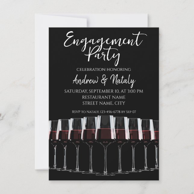 Row of wine glasses with red wine on black invitation (Front)