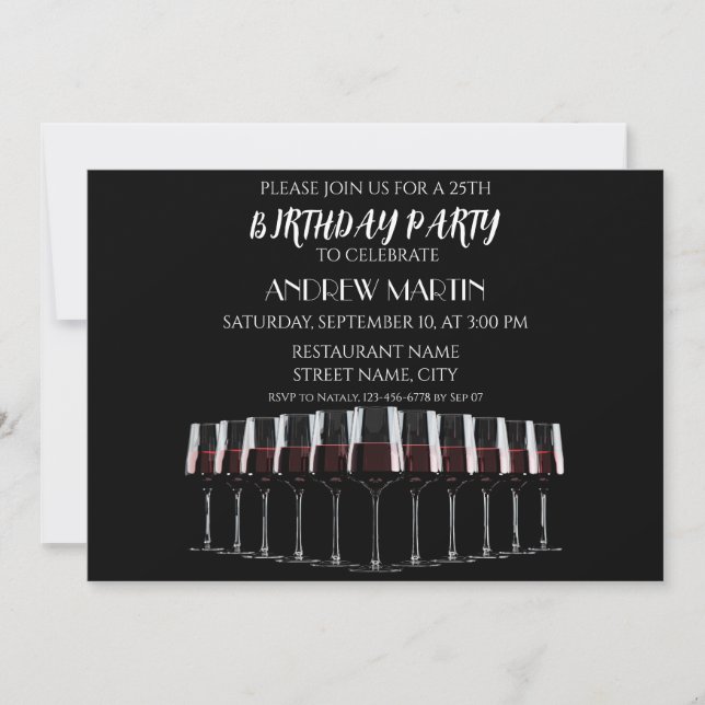 Row of wine glasses with red wine on black invitation (Front)