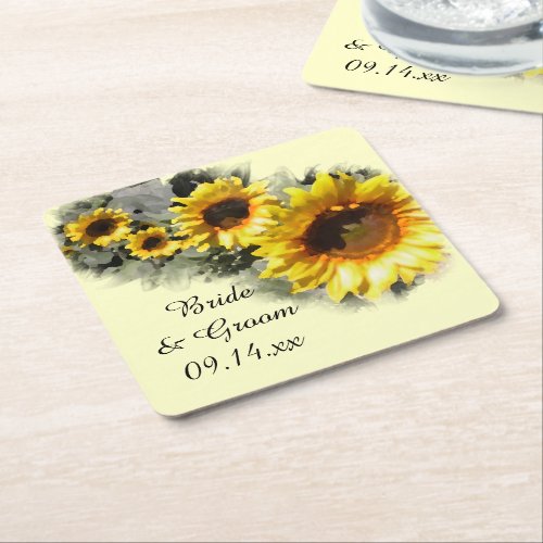 Row of Yellow Sunflowers Garden Wedding Square Paper Coaster