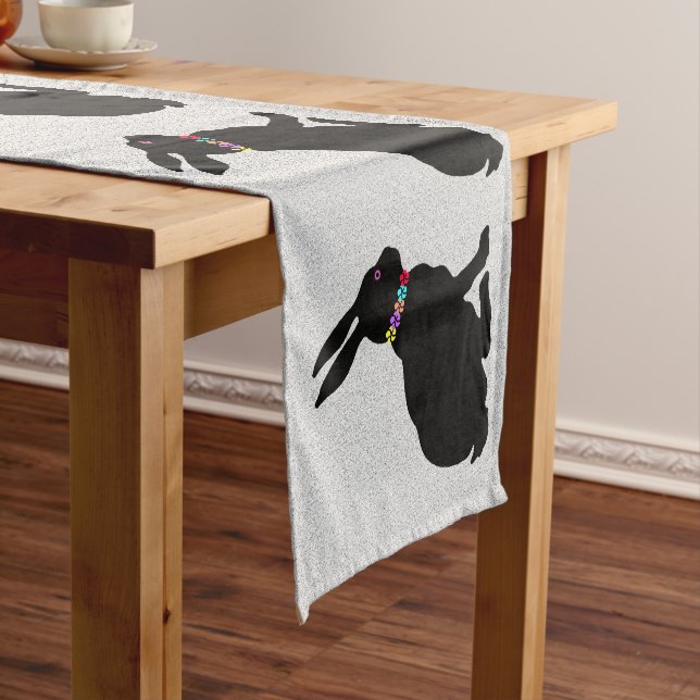 Row Sitting Black Silhouette Rabbits Flowers Grey Short Table Runner (In Situ)